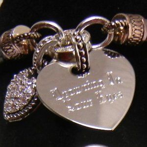 Leather SILVER/GRAY Rope Bracelet w/Silver Heart, Crystal Circle Charms Engraved